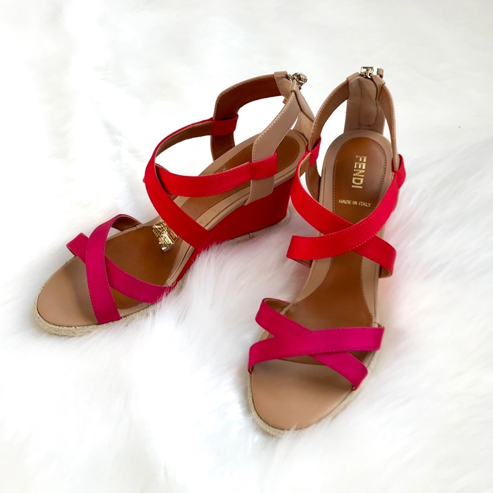 FENDI Rio Tricolor Elastic Wedge Pink Red Sandals - Picture 2 of 5